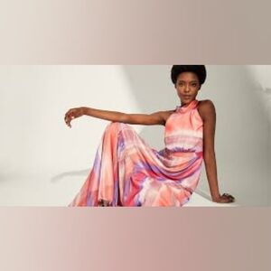 Tahari ASL, colorful shimmery maxi evening gown, tie back halter, size 10